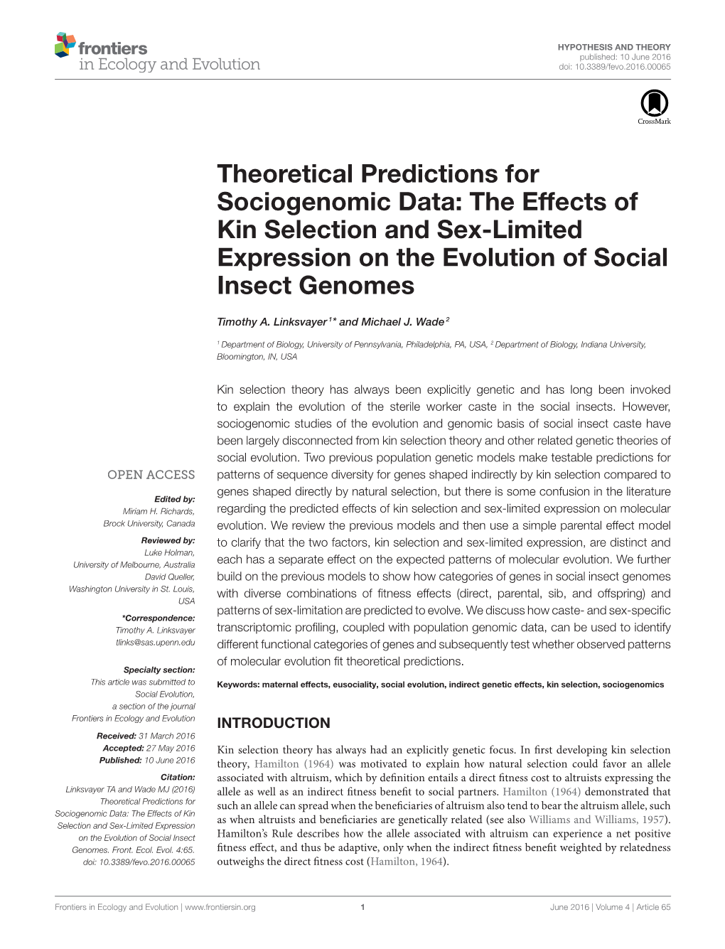 Theoretical Predictions for Sociogenomic Data: the Effects of Kin Selection and Sex-Limited Expression on the Evolution of Social Insect Genomes