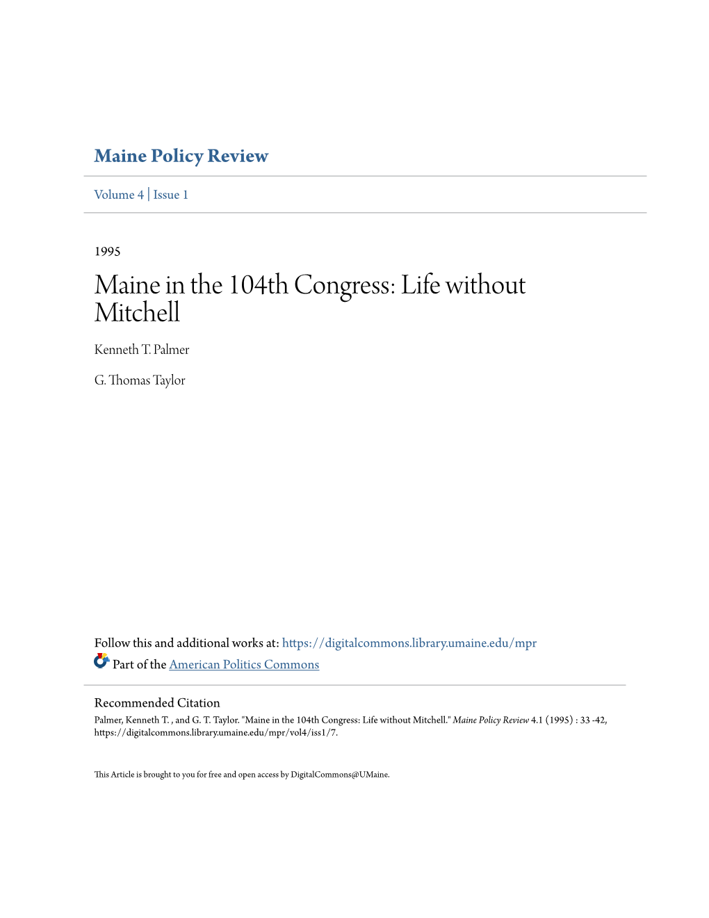 Maine in the 104Th Congress: Life Without Mitchell Kenneth T