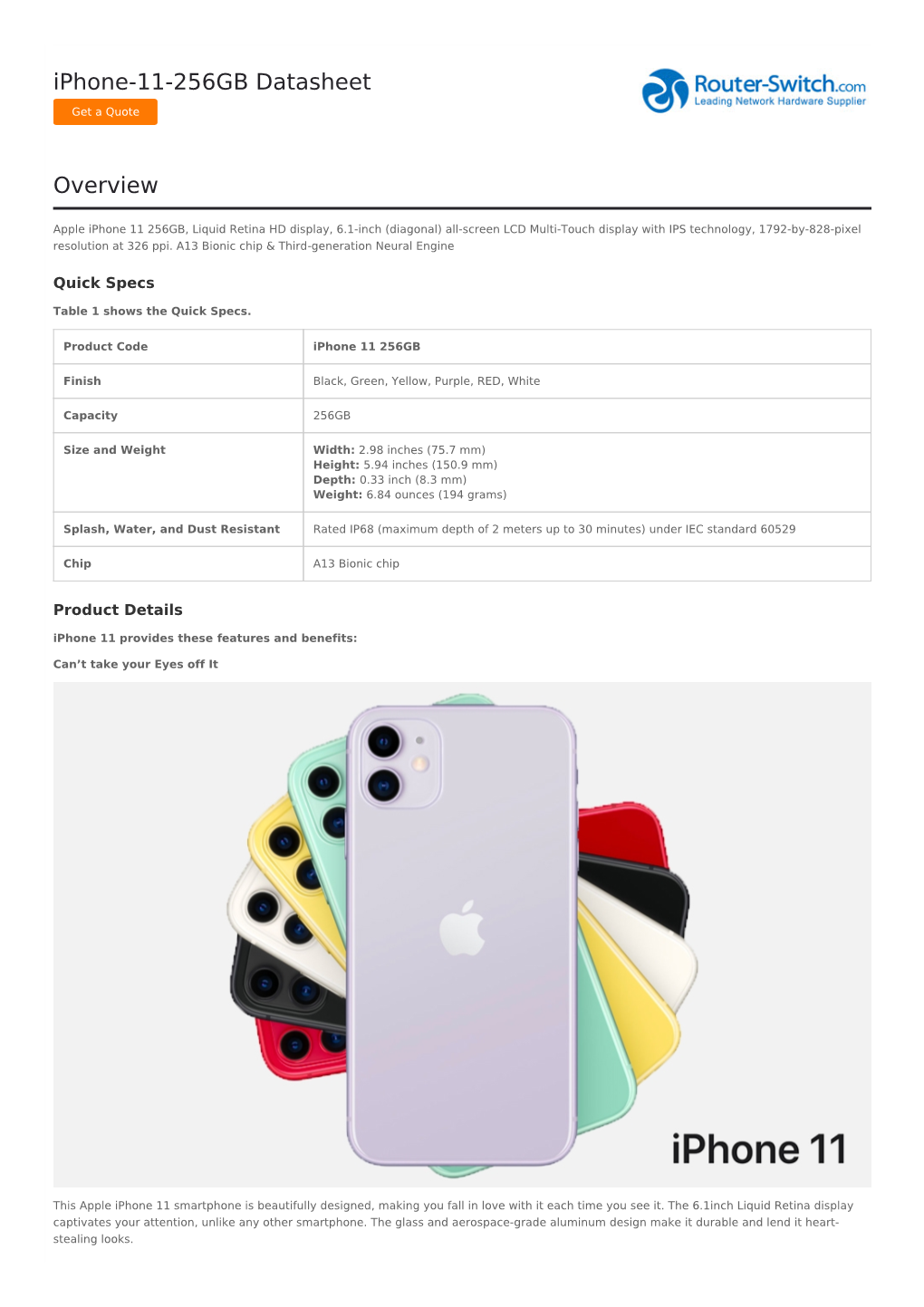 Iphone-11-256GB Datasheet Overview