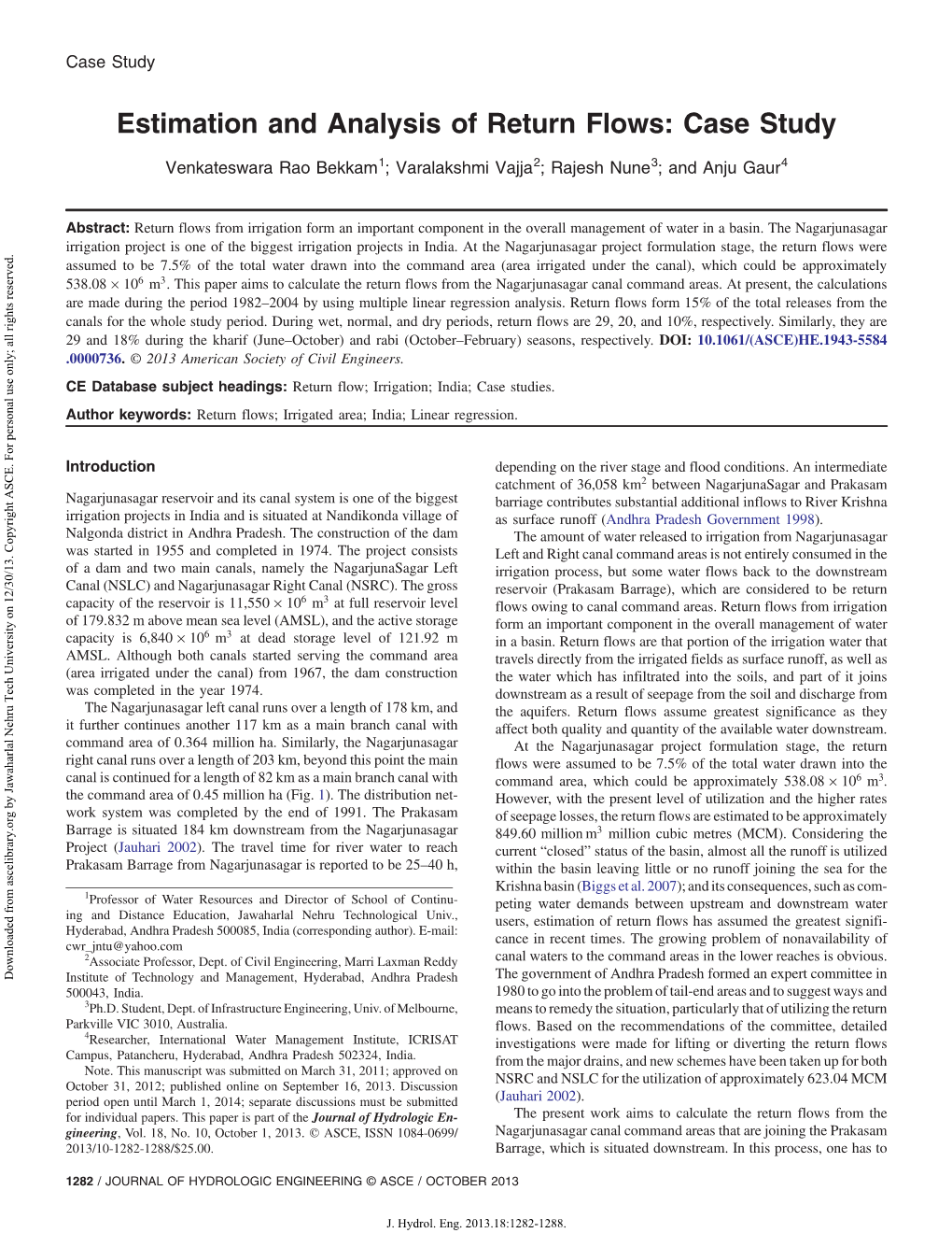 Estimation and Analysis of Return Flows: Case Study