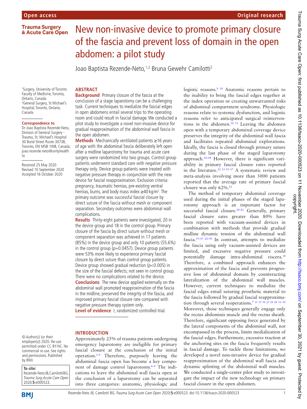 New Non-Invasive Device to Promote Primary Closure of the Fascia And