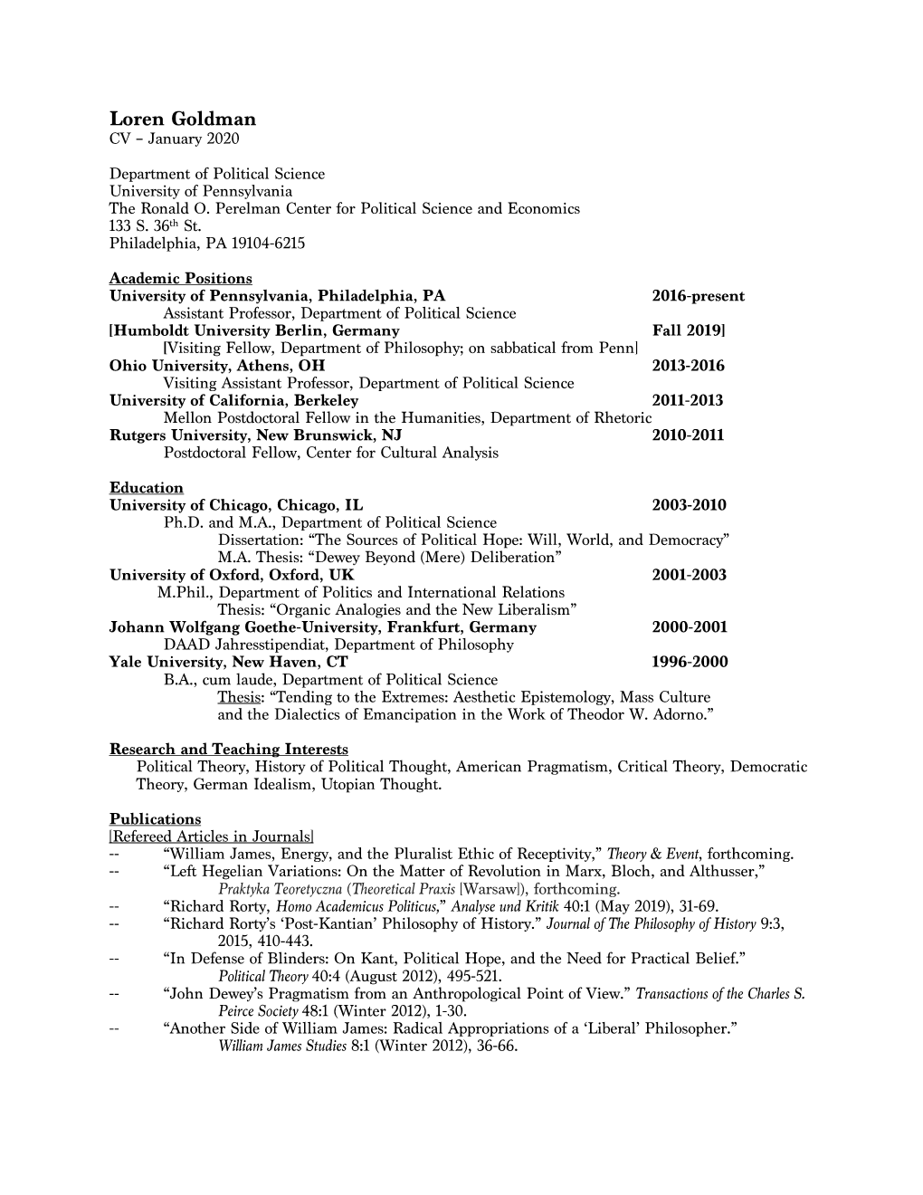 Loren Goldman CV – January 2020