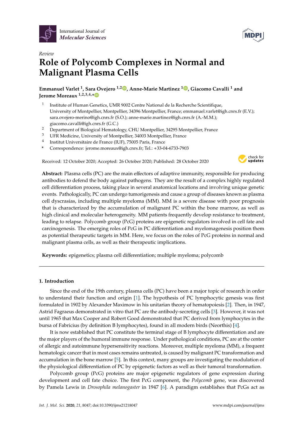 Role of Polycomb Complexes in Normal and Malignant Plasma Cells