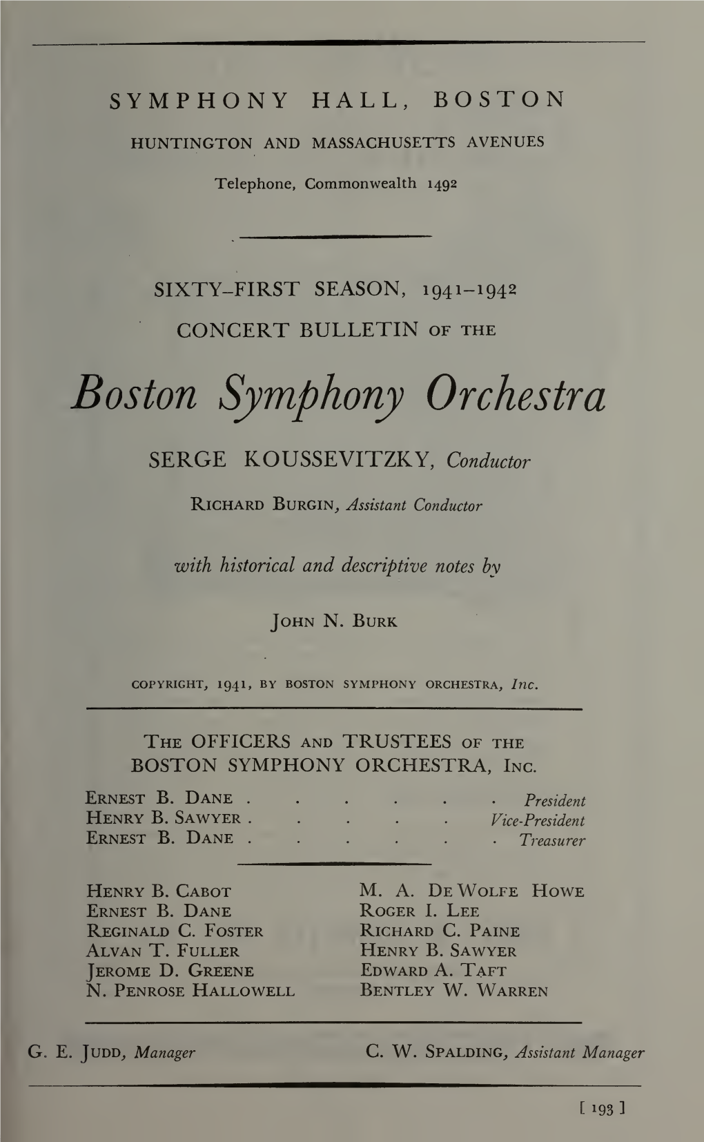 Boston Symphony Orchestra Concert Programs, Season 61,1941-1942, Subscription