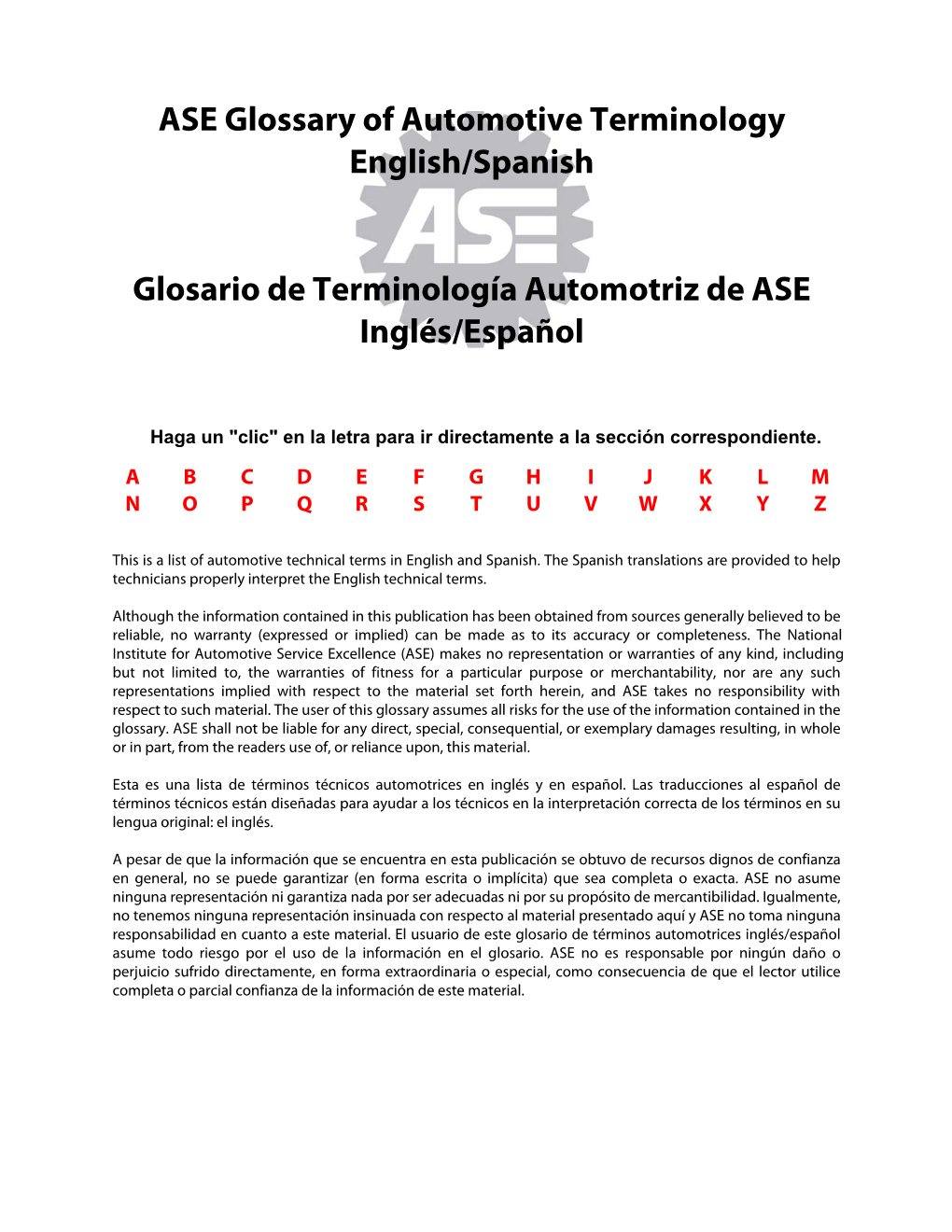 ASE Glossary of Automotive Terminology English/Spanish