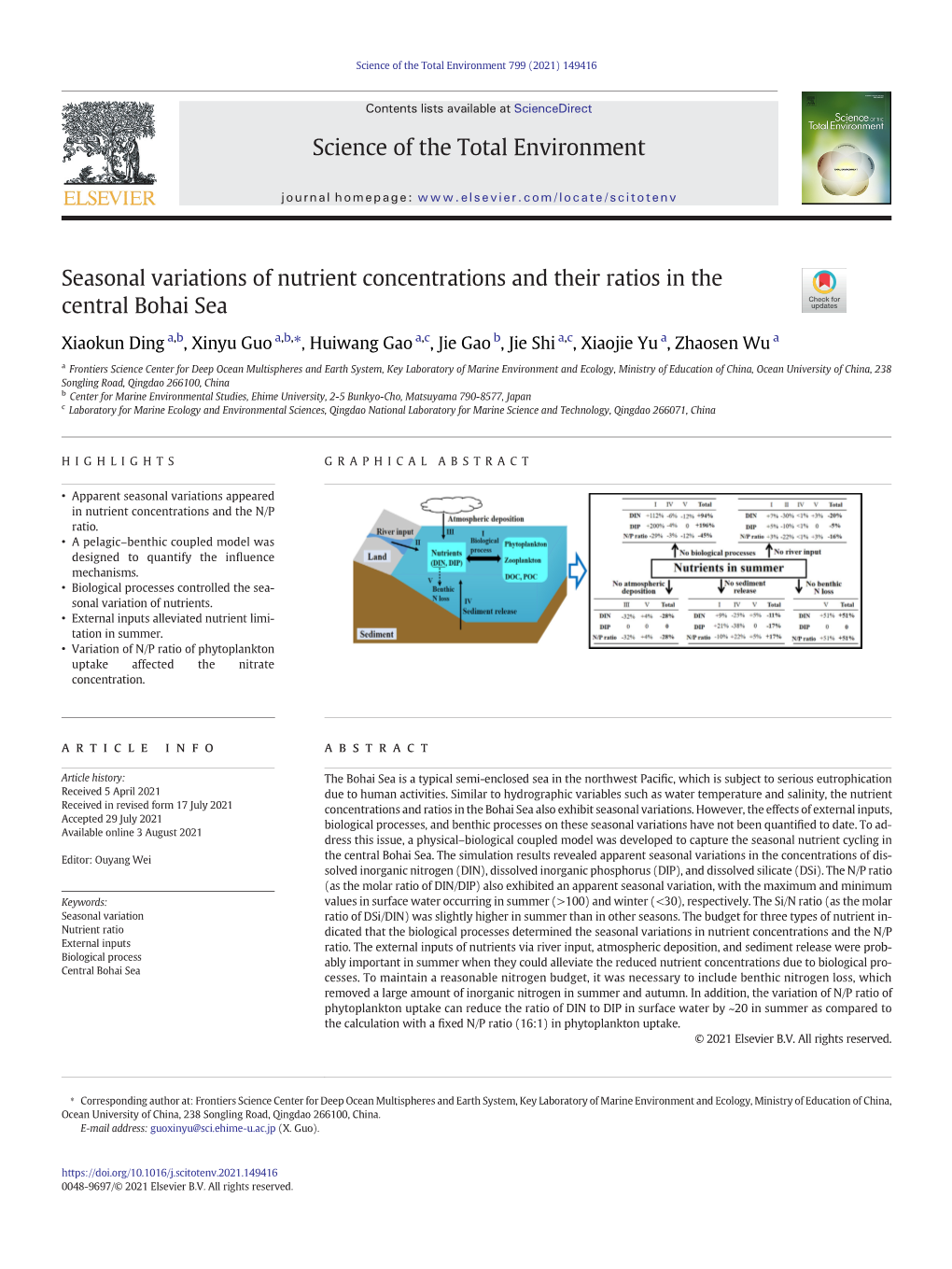 Seasonal Variations of Nutrient Concentrations and Their Ratios in the Central Bohai Sea