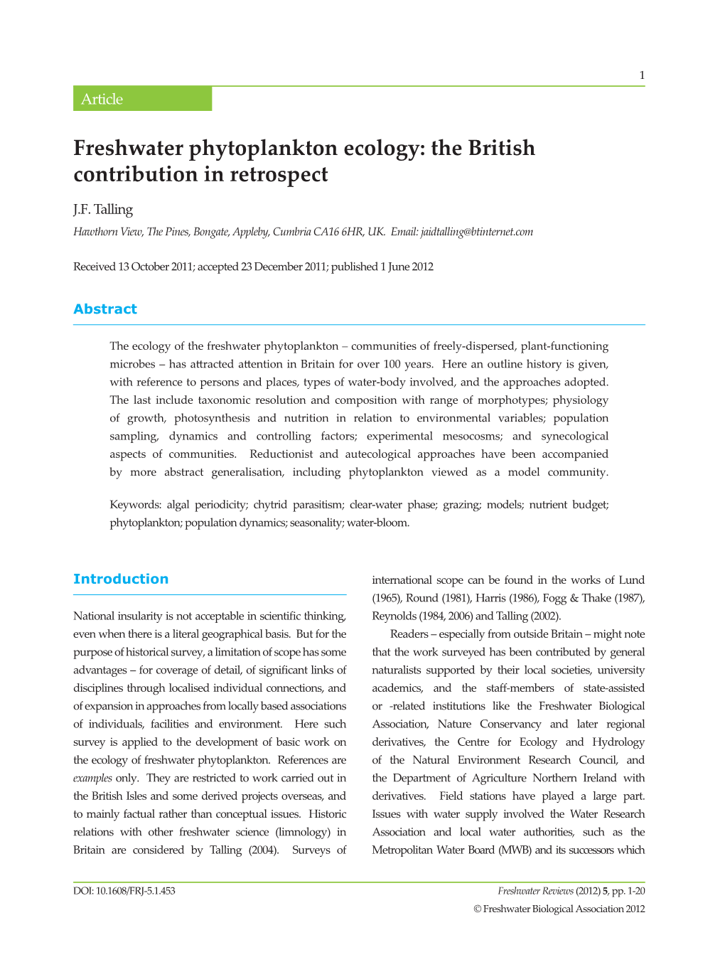 Freshwater Phytoplankton Ecology: the British Contribution in Retrospect
