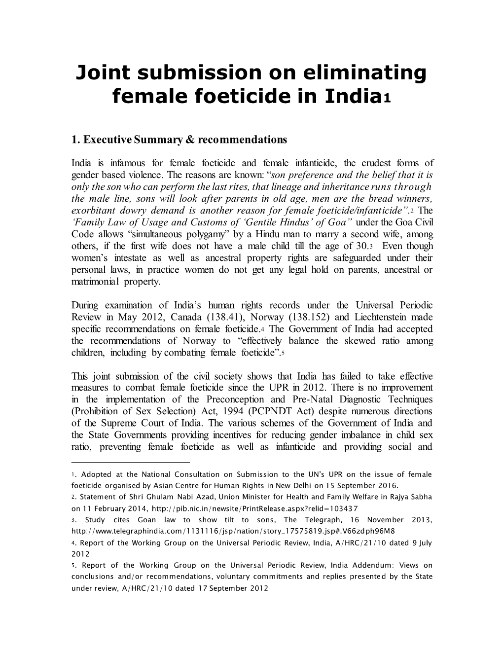 Joint Submission on Eliminating Female Foeticide in India1