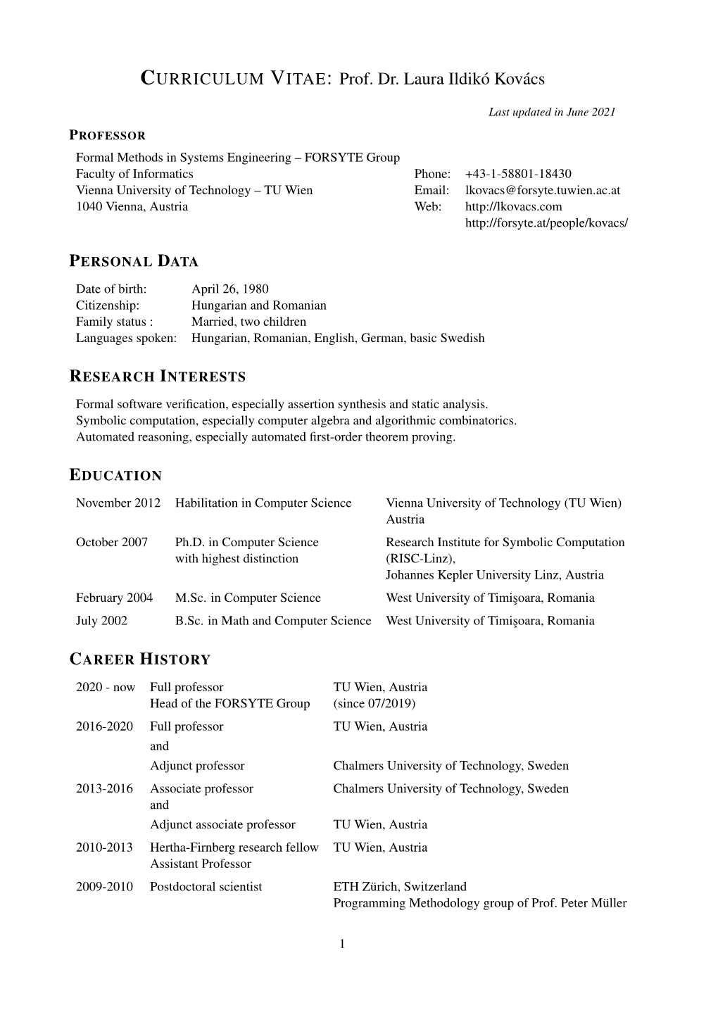 CURRICULUM VITAE: Prof. Dr. Laura Ildikó Kovács