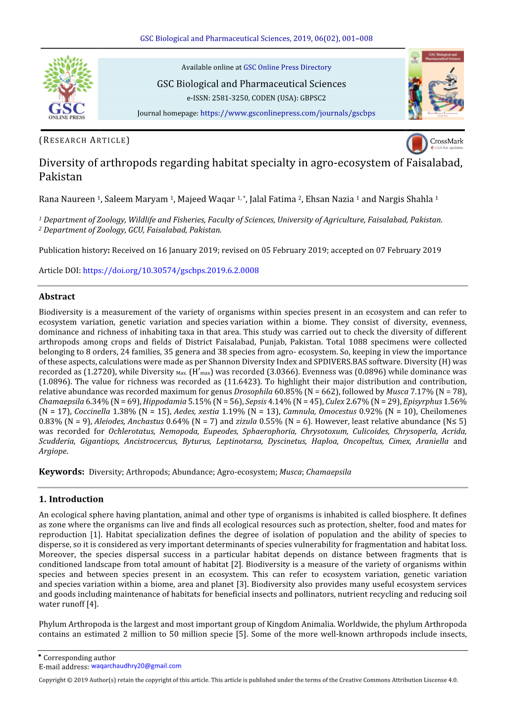 Diversity of Arthropods Regarding Habitat Specialty in Agro-Ecosystem of Faisalabad, Pakistan