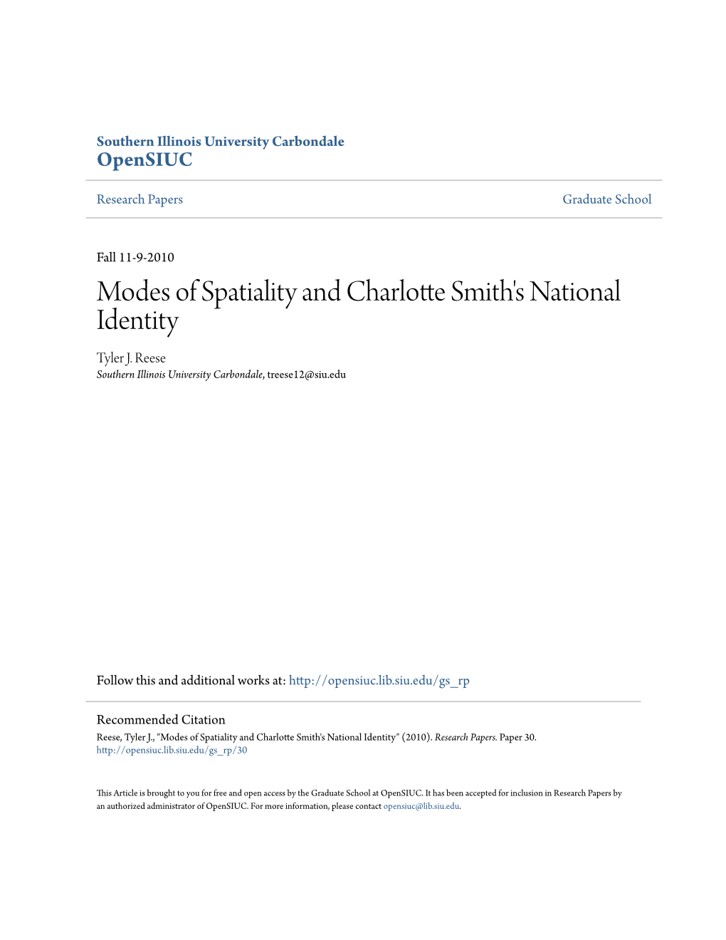 Modes of Spatiality and Charlotte Smith's National Identity Tyler J