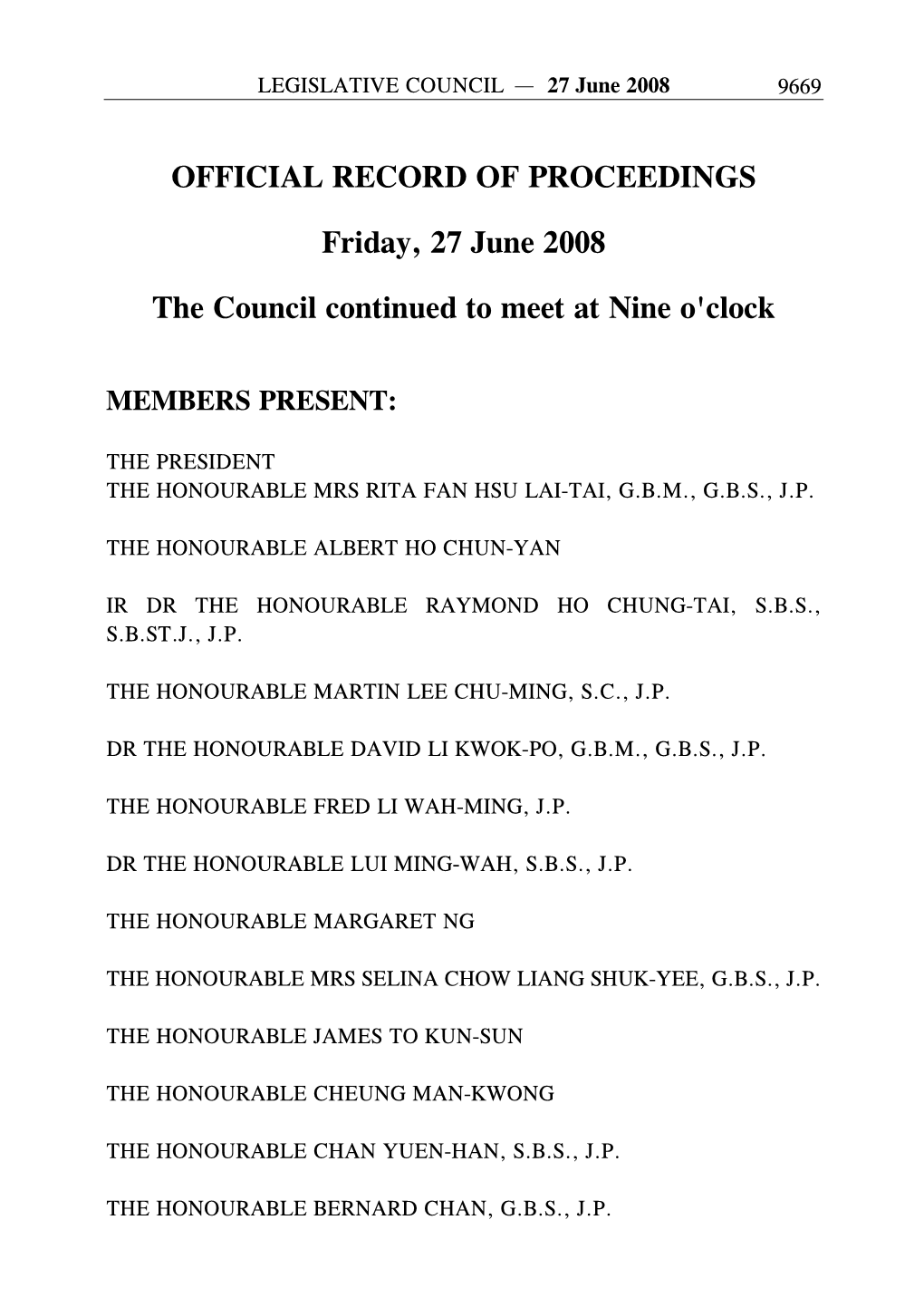 OFFICIAL RECORD of PROCEEDINGS Friday, 27 June