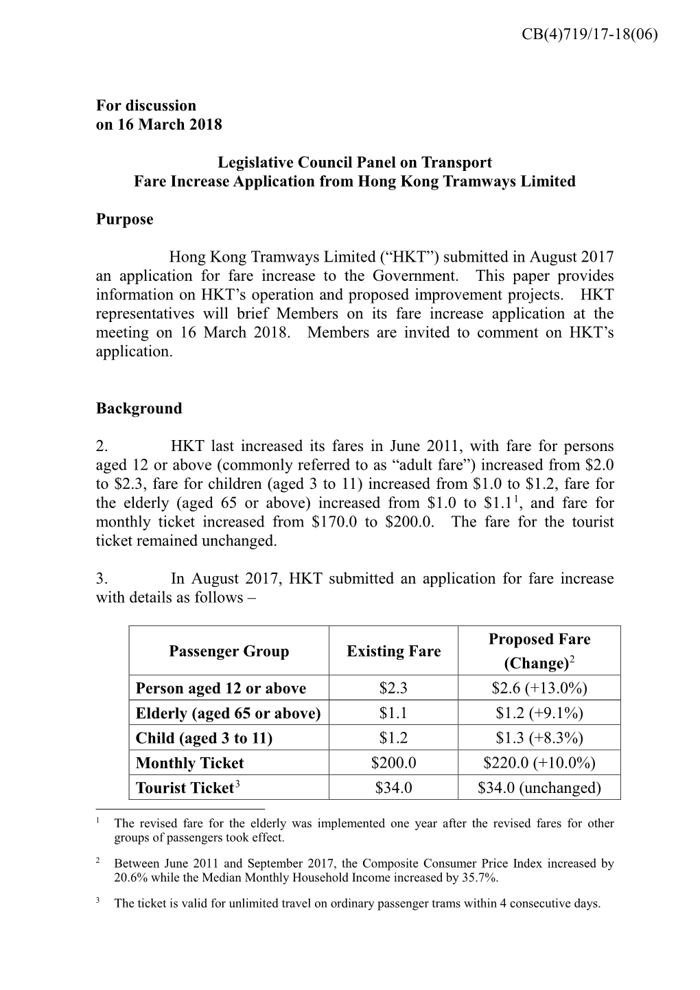 Fare Increase Application by Hong Kong Tramways Limited