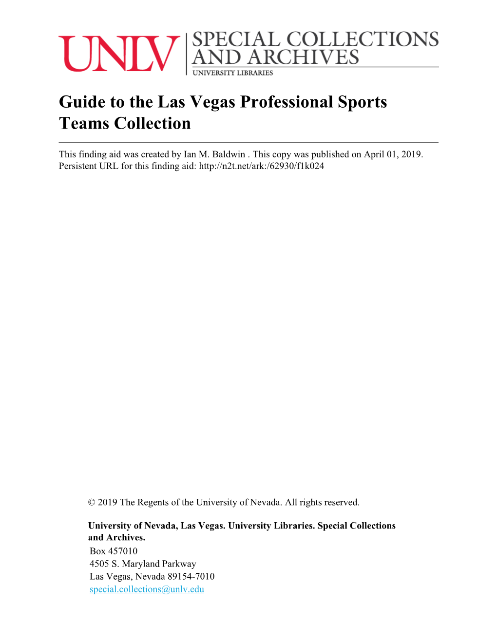 Guide to the Las Vegas Professional Sports Teams Collection