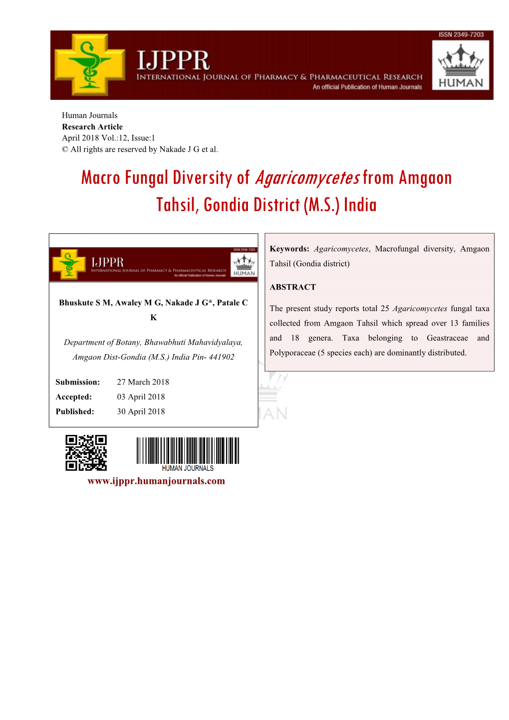 Macro Fungal Diversity of Agaricomycetesfrom Amgaon