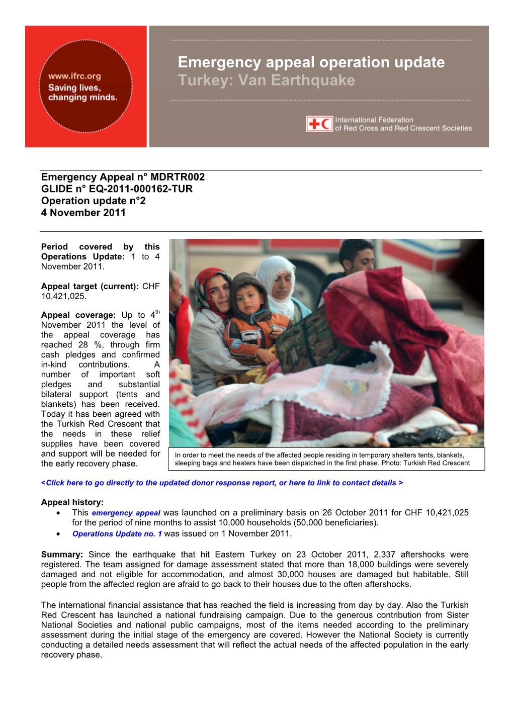 Emergency Appeal Operation Update Turkey: Van Earthquake