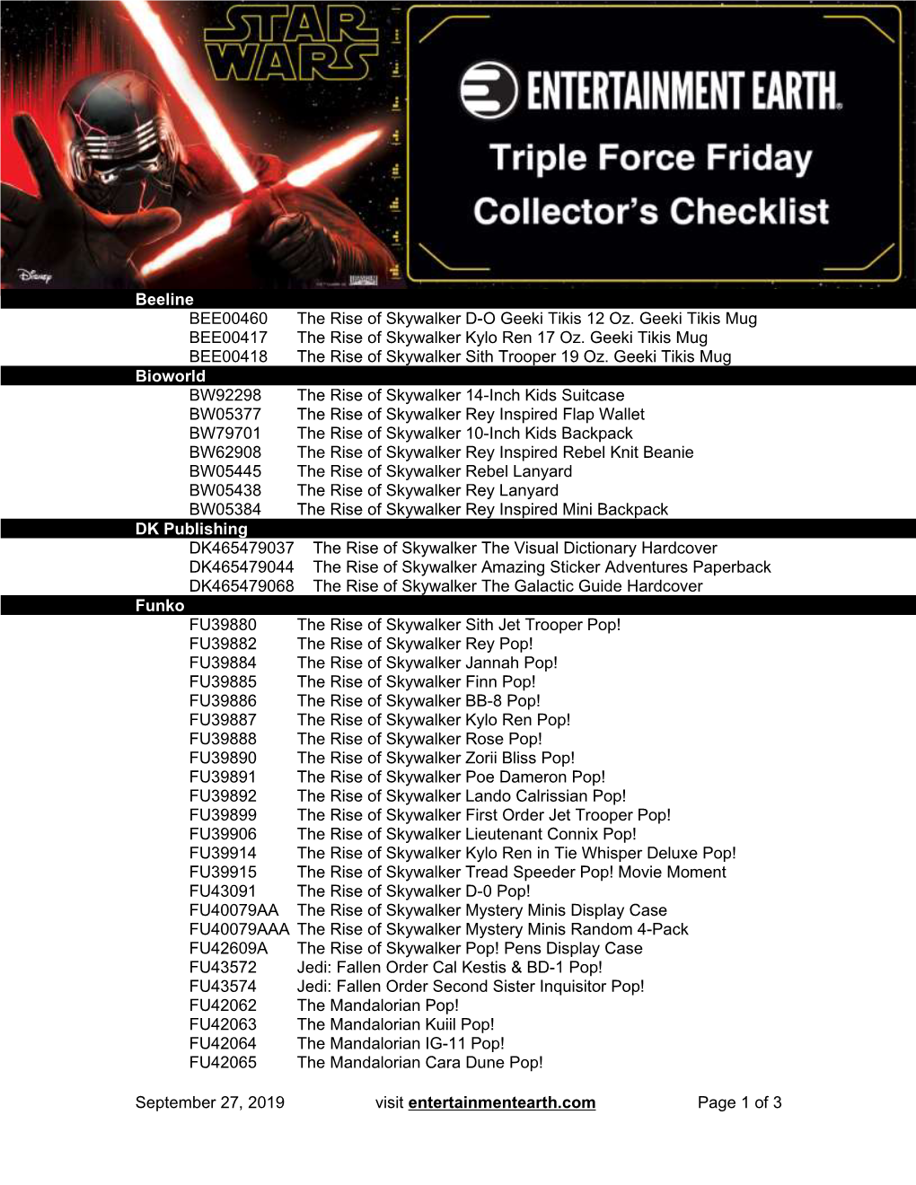 Entertainment Earth Triple Force Friday Collector's Checklist