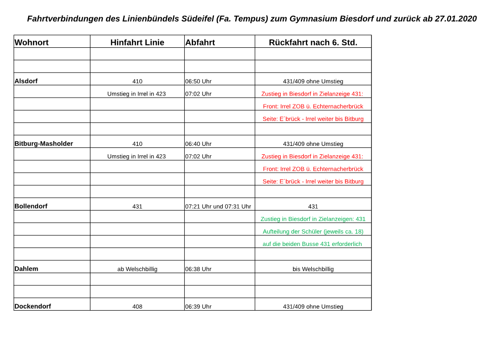 Fahrtverbindungen Des Linienbündels Südeifel (Fa. Tempus) Zum Gymnasium Biesdorf Und Zurück Ab 27.01.2020