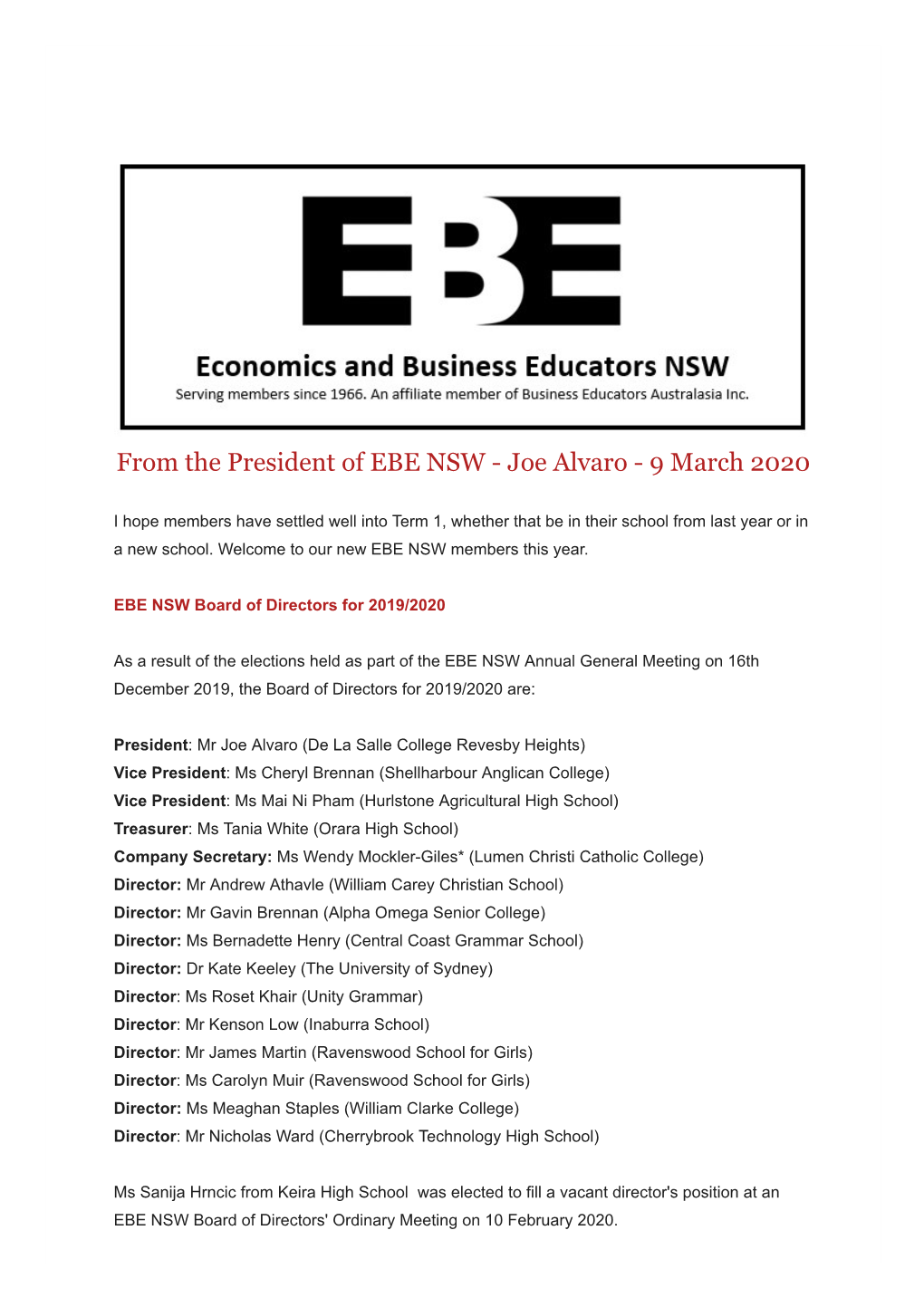 From the President of EBE NSW - Joe Alvaro - 9 March 2020