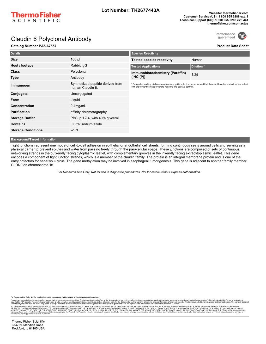 Claudin 6 Polyclonal Antibody Catalog Number PA5-67557 Product Data Sheet