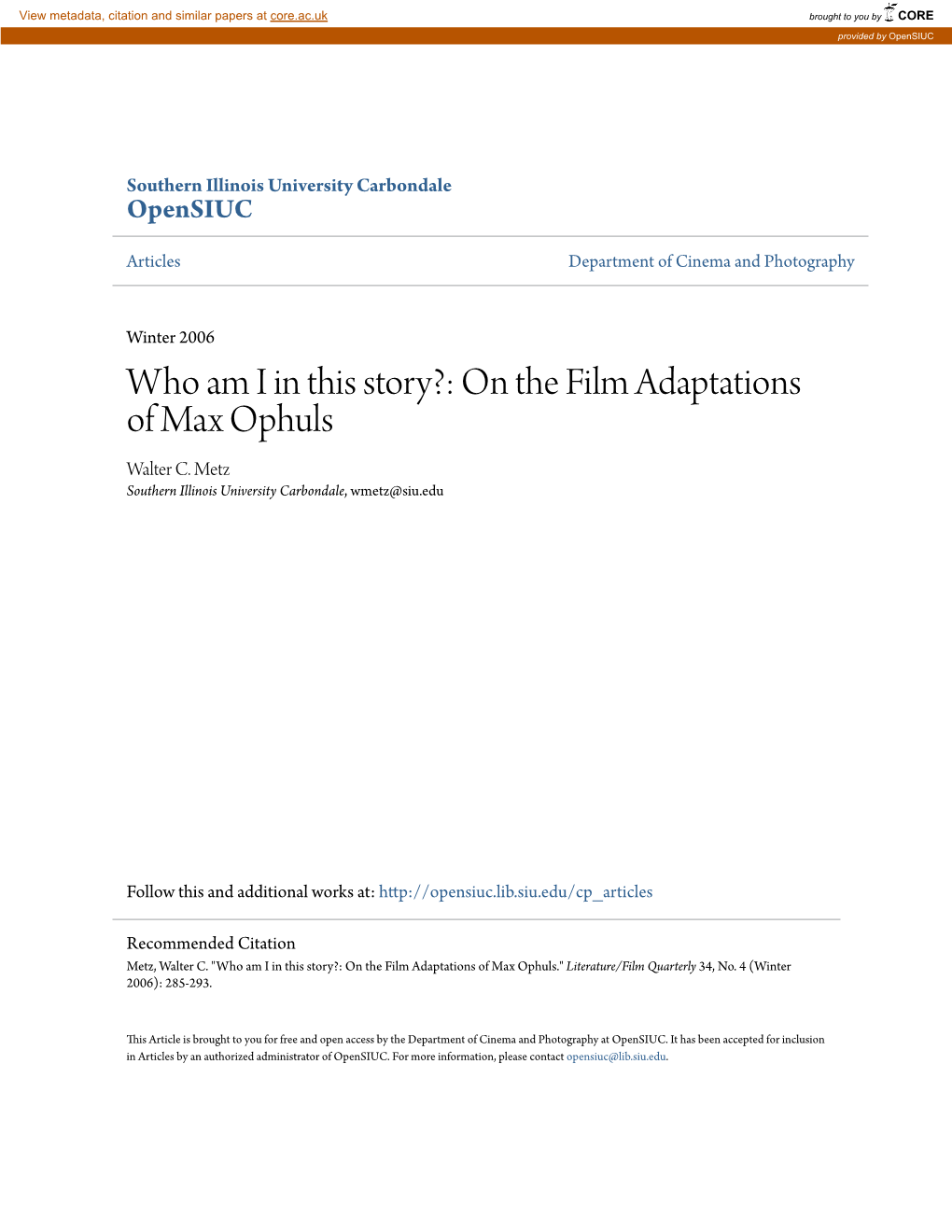 On the Film Adaptations of Max Ophuls Walter C