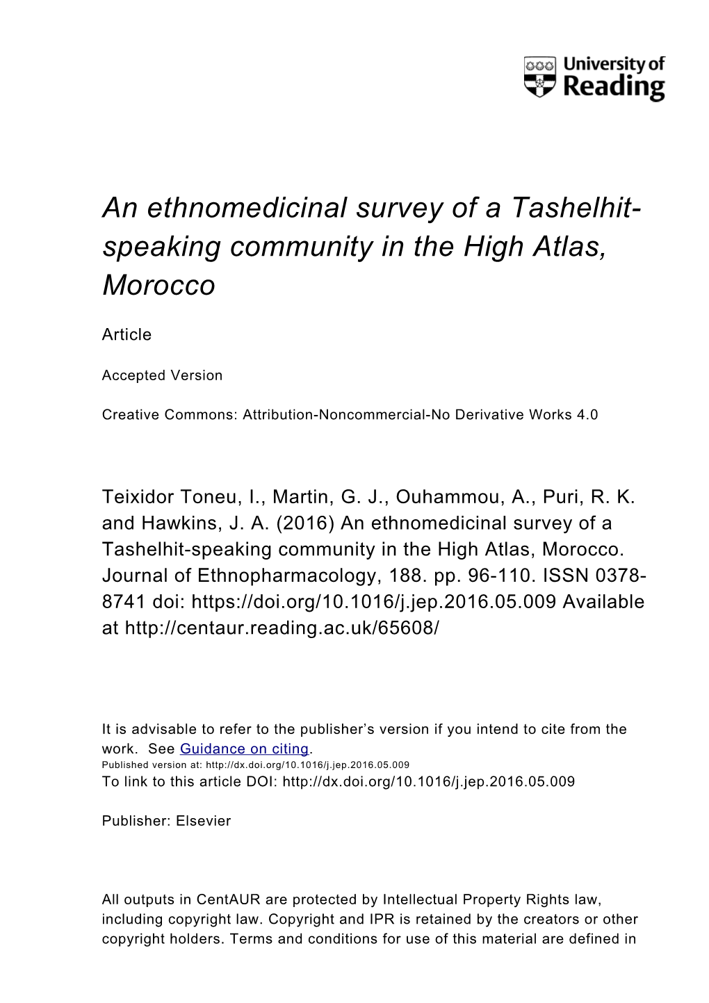 An Ethnomedicinal Survey of a Tashelhit-Speaking Community in the High Atlas, Morocco