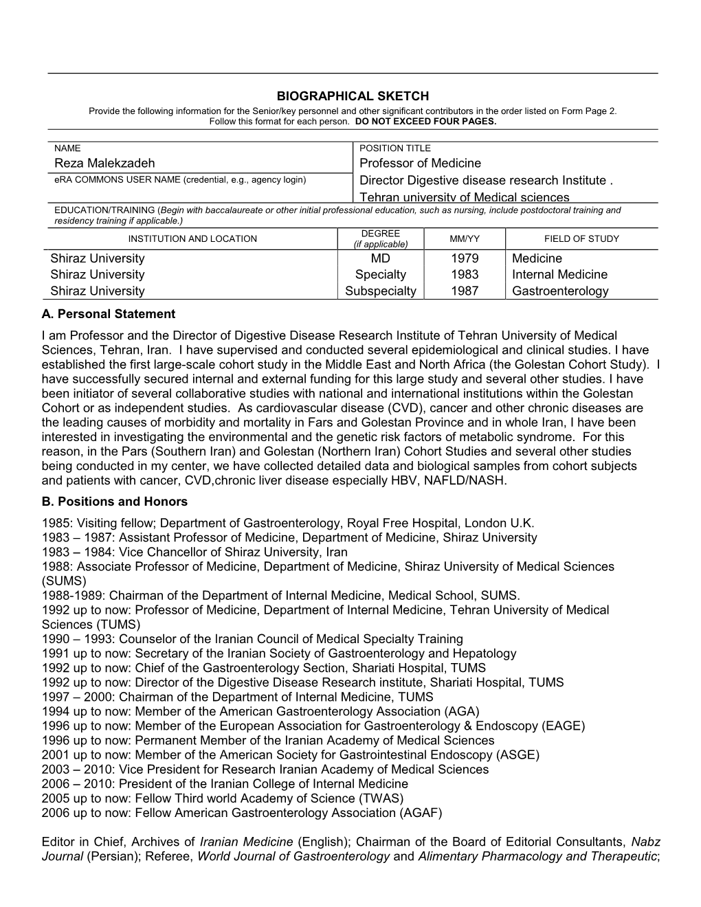 Biographical Sketch Format Page