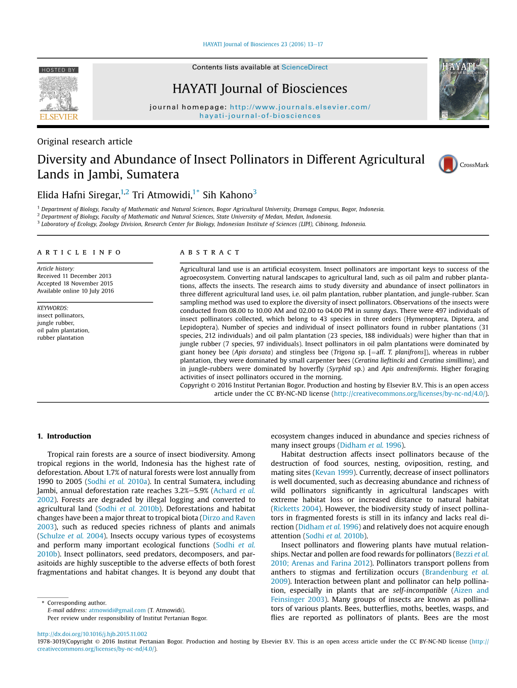 Diversity and Abundance of Insect Pollinators in Different Agricultural Lands in Jambi, Sumatera