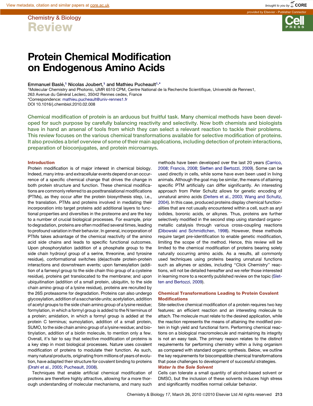 Protein Chemical Modification on Endogenous Amino Acids