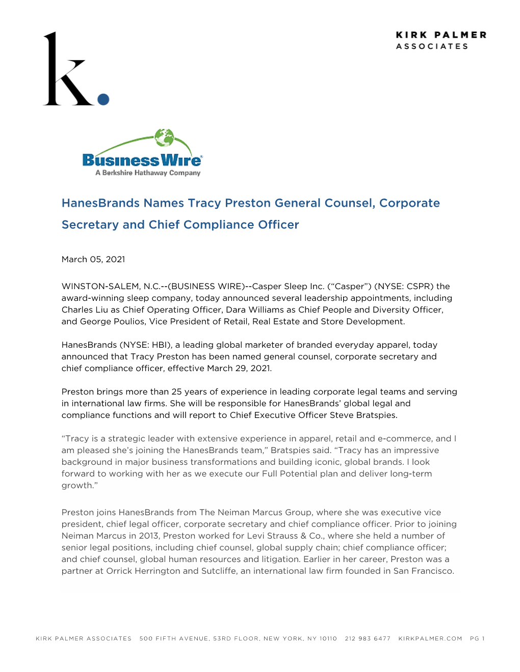 Hanesbrands Names Tracy Preston General Counsel, Corporate Secretary and Chief Compliance Officer