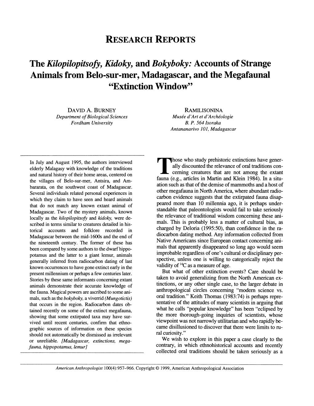 The Kilopilopitsofy, Kidoky, and Bokyboky: Accounts of Strange Animals from Belo-Sur-Mer, Madagascar, and the Megafaunal 