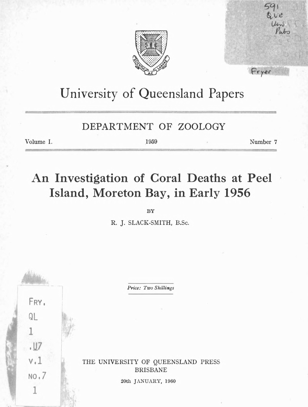 Moreton of Coral Deaths at Peel Island, Moreton Bay, in Early 1956