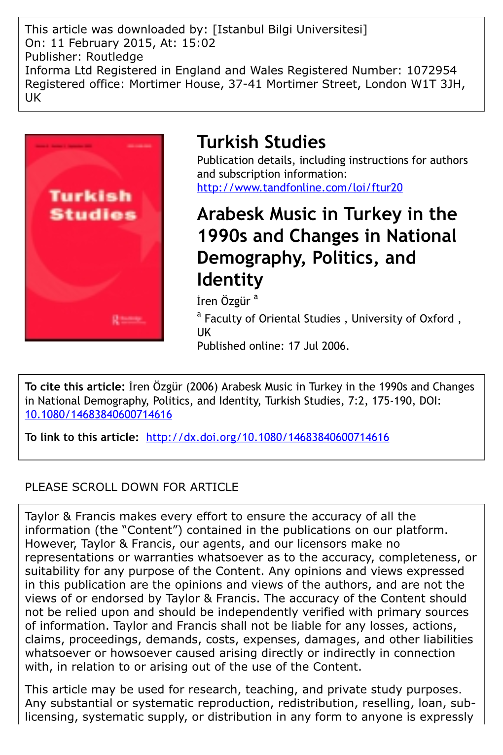 Turkish Studies Arabesk Music in Turkey in the 1990S and Changes