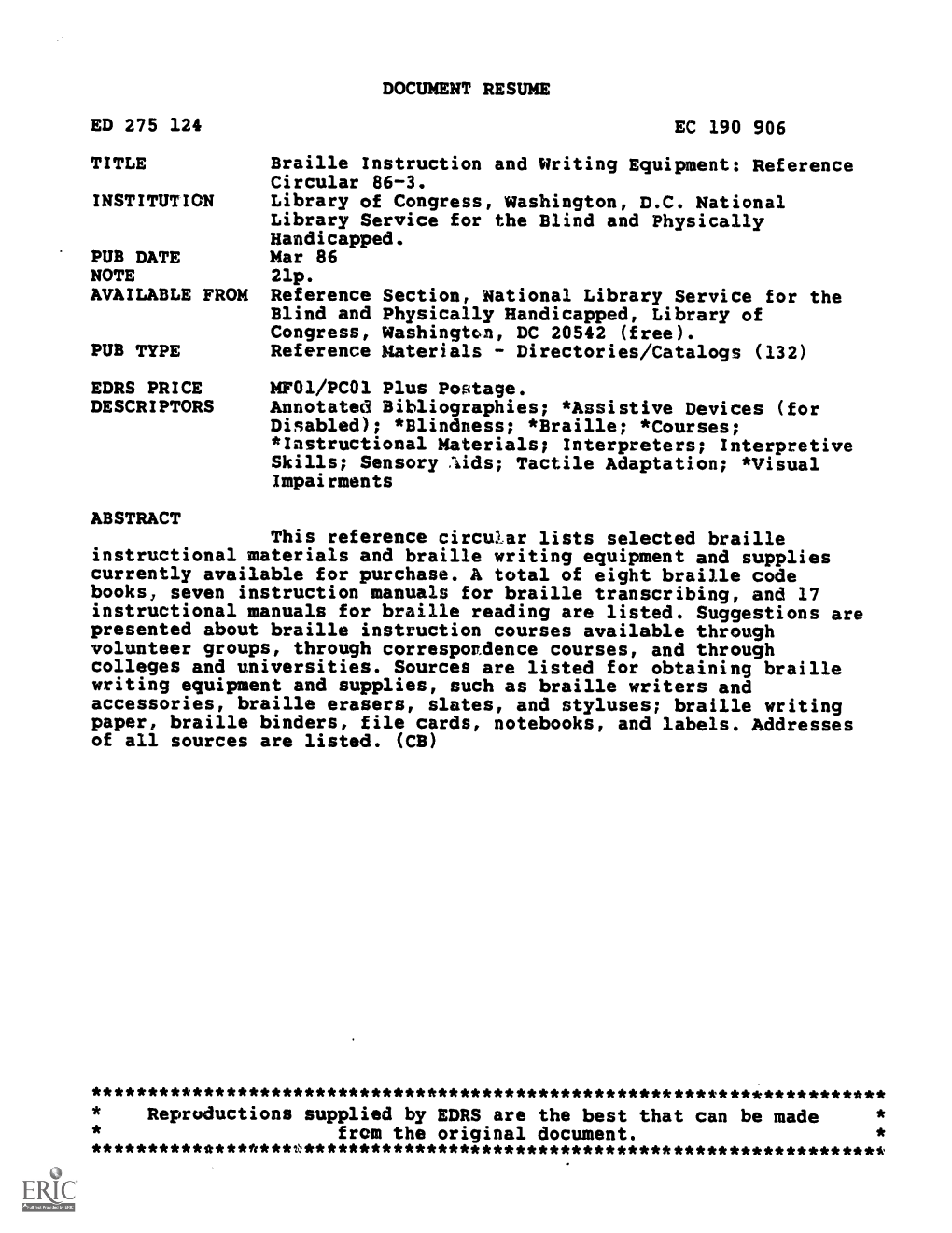 Braille Instruction and Writing Equipment: Reference Circular 86-3