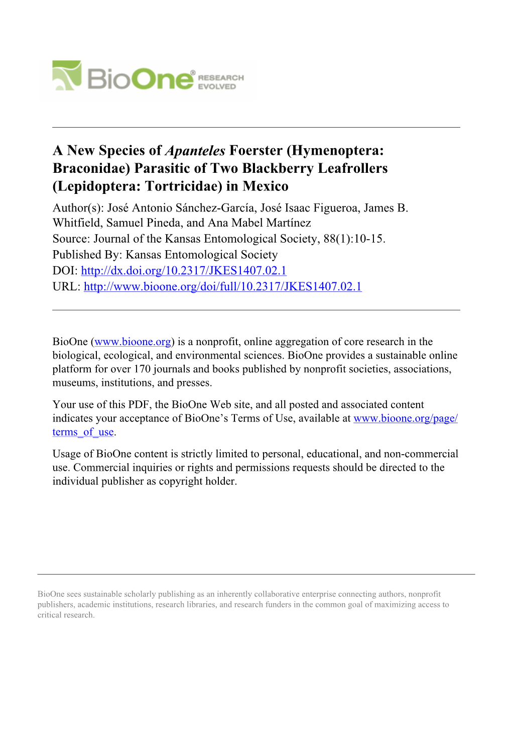 Sanches Et Al 2015 Apanteles from Blackberry Leafrollers