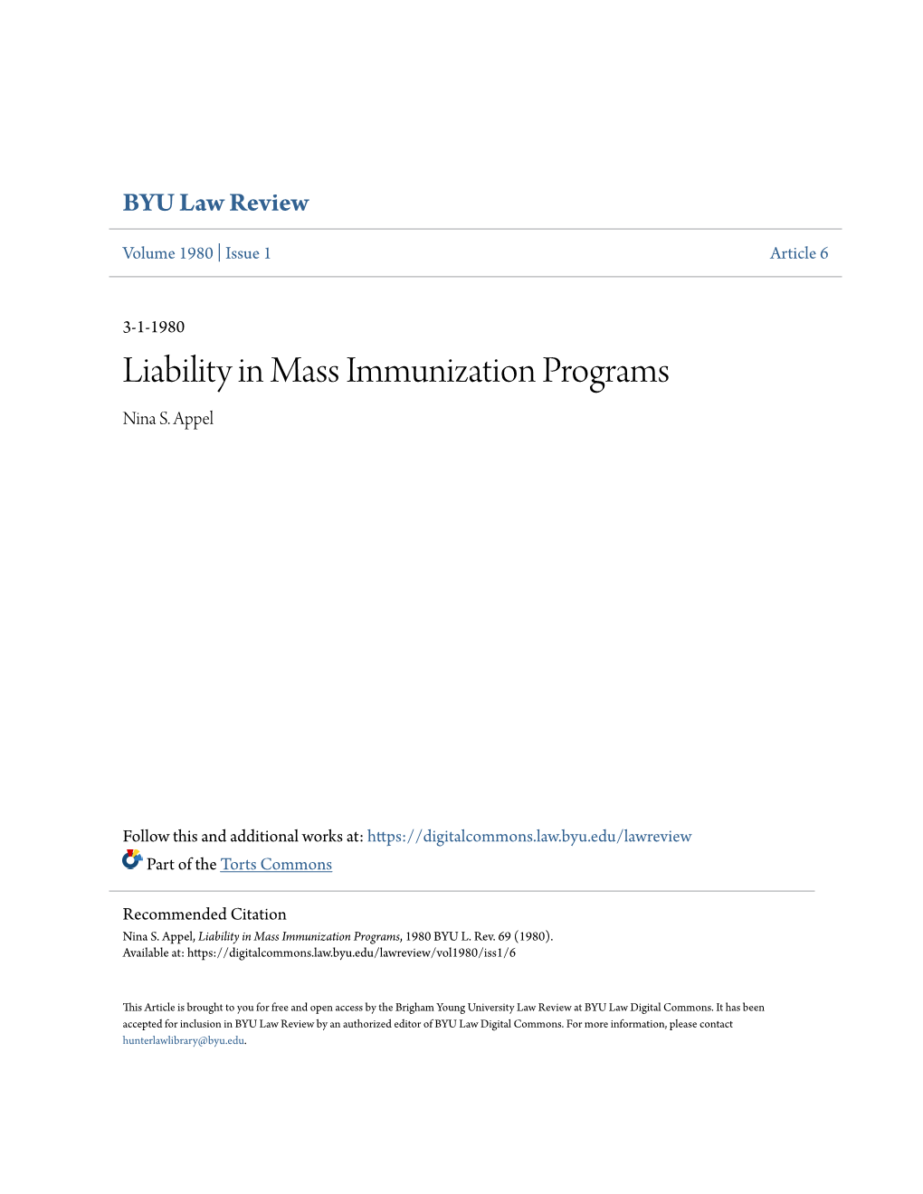 Liability in Mass Immunization Programs Nina S