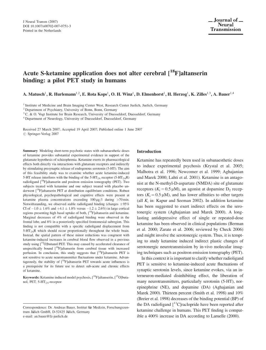 Altanserin Binding: a Pilot PET Study in Humans