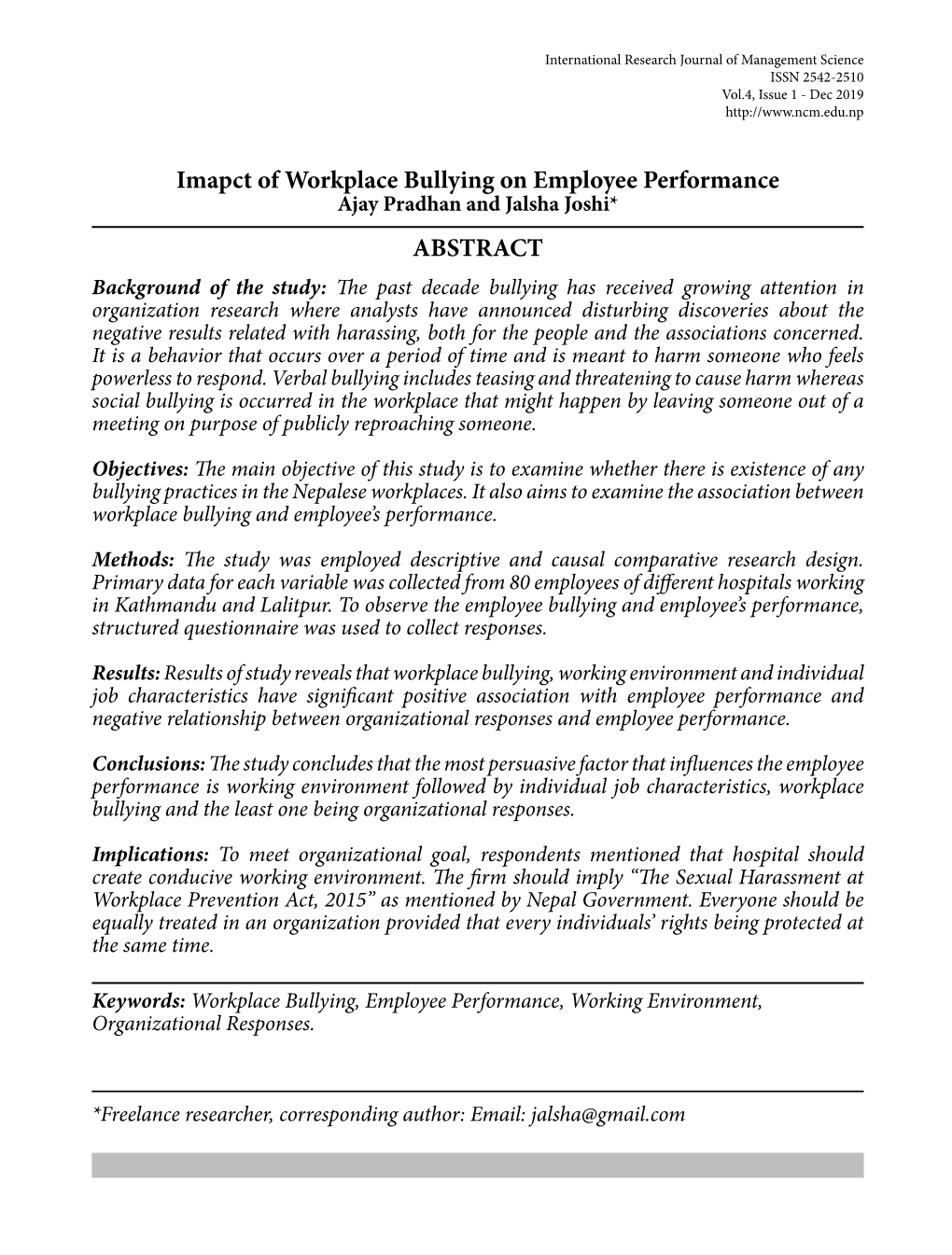 Imapct of Workplace Bullying on Employee Performance ABSTRACT