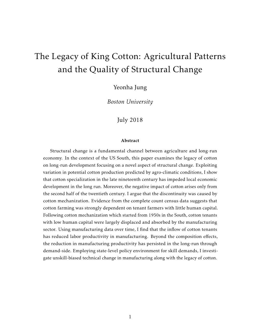 The Legacy of King Cotton: Agricultural Patterns and the Quality of Structural Change