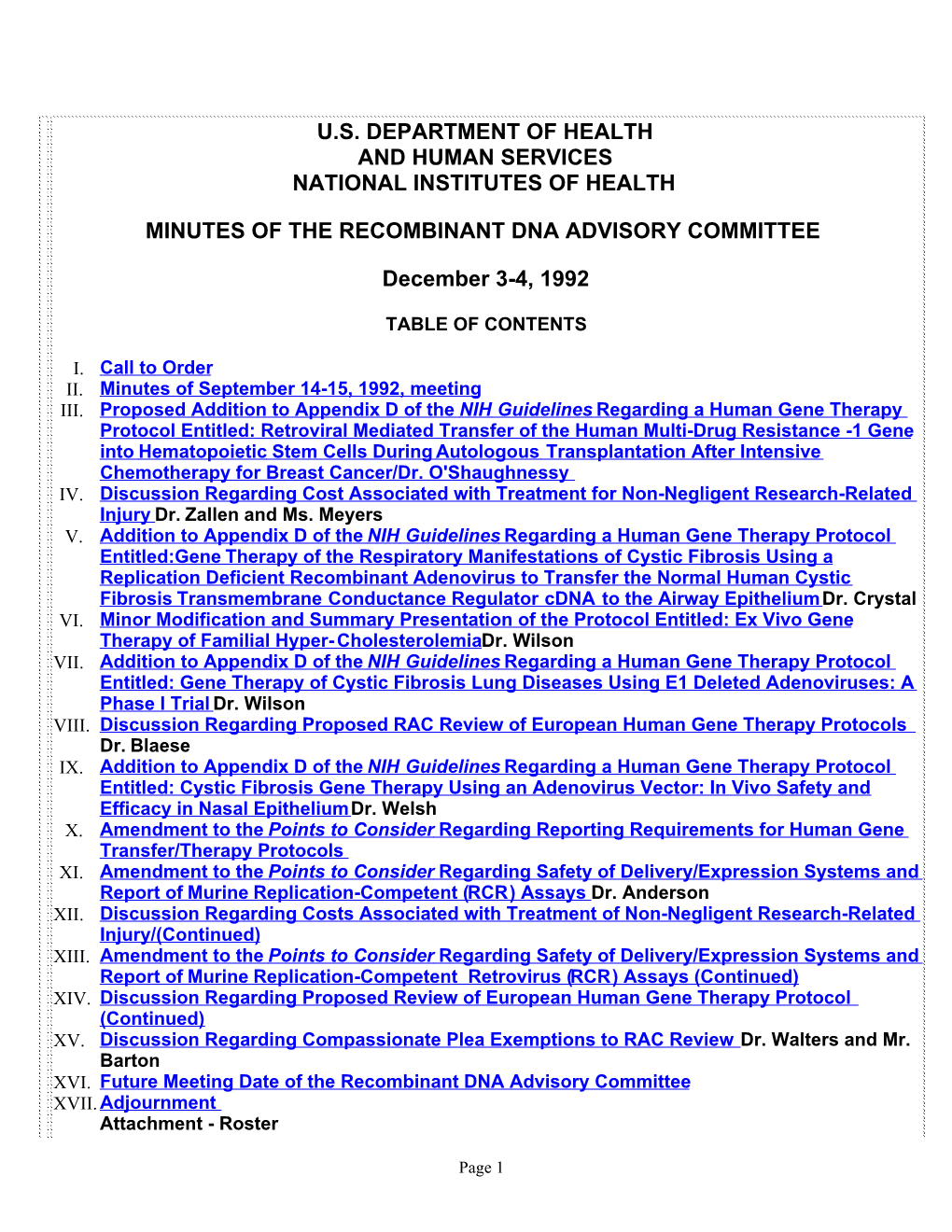 U.S. Department of Health and Human Services National Institutes of Health Minutes of the Recombinant Dna Advisory Committee