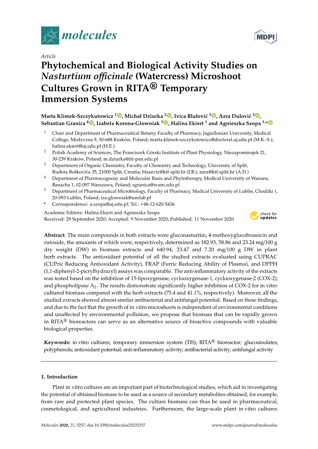 Phytochemical and Biological Activity Studies on Nasturtium Officinale