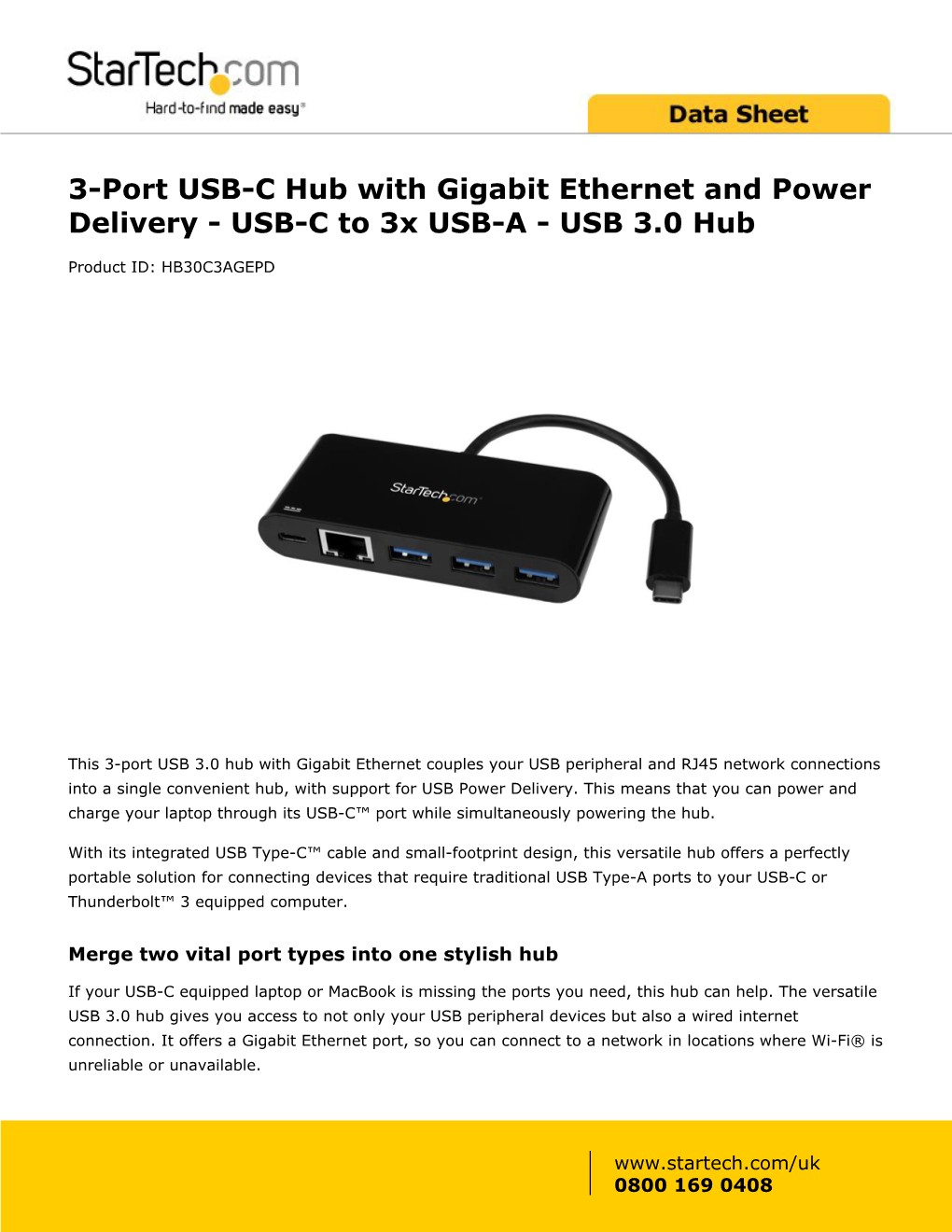 3-Port USB-C Hub with Gigabit Ethernet and Power Delivery - USB-C to 3X USB-A - USB 3.0 Hub