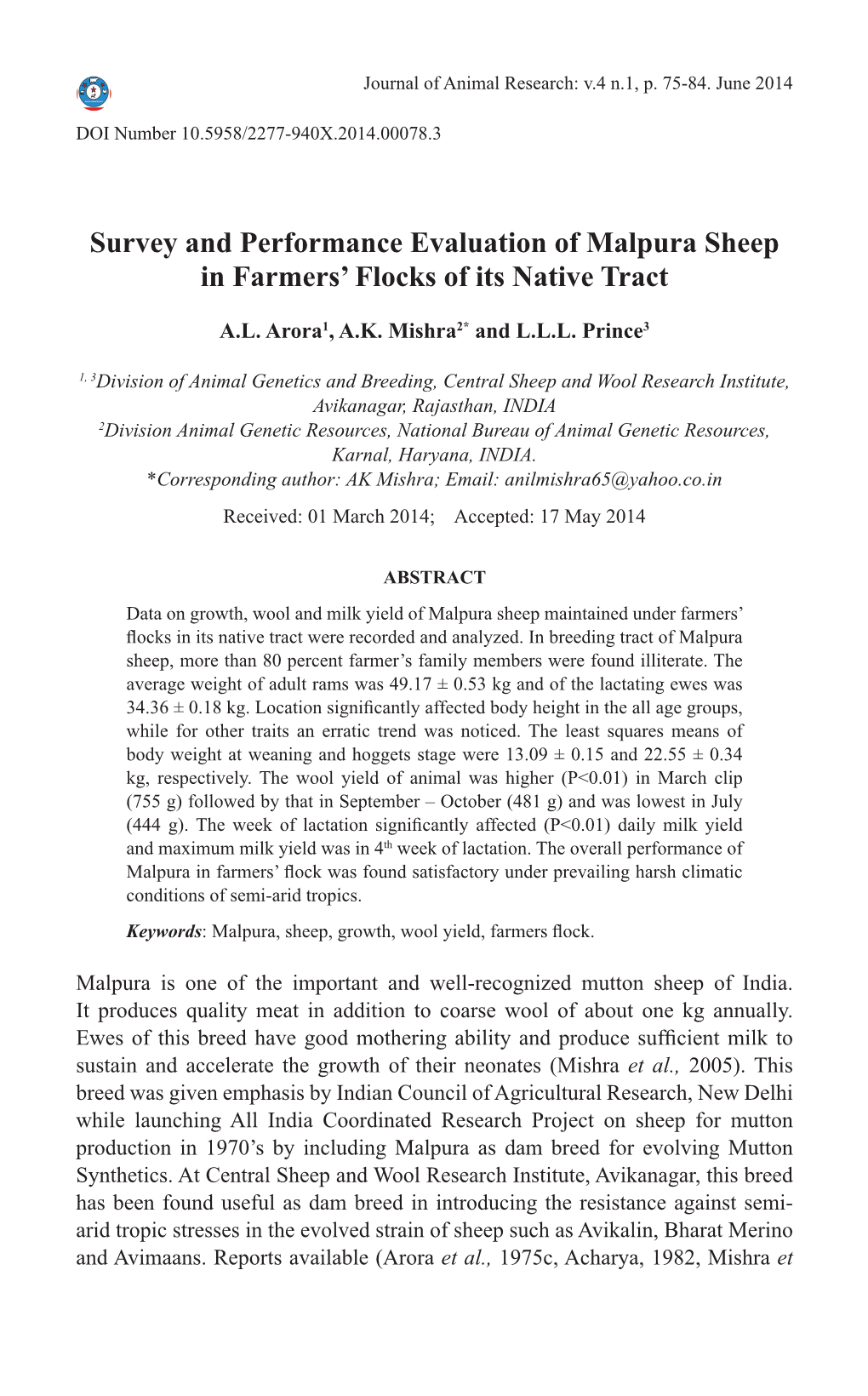 Survey and Performance Evaluation of Malpura Sheep in Farmers' Flocks of Its Native Tract