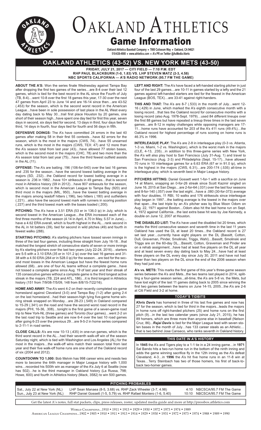 Oakland Athletics Baseball Company7000 Coliseum Wayoakland, CA 94621 510-638-4900 PR on Twitter @Asmedia Alerts OAKLAND ATHLETICS (43-52) VS