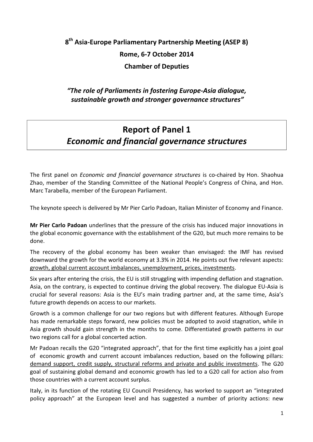 Report of Panel 1 Economic and Financial Governance Structures