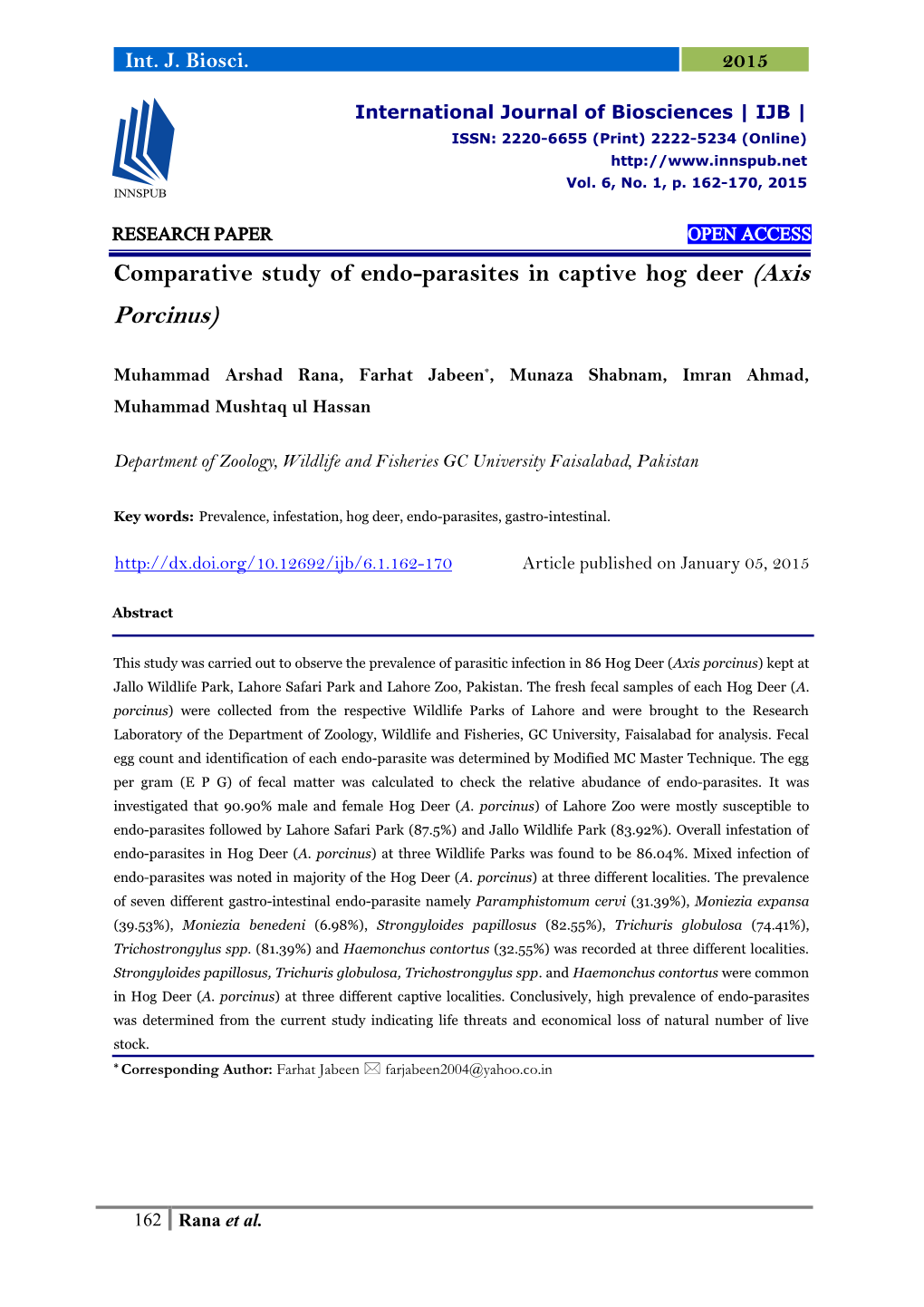 Comparative Study of Endo-Parasites in Captive Hog Deer (Axis Porcinus)