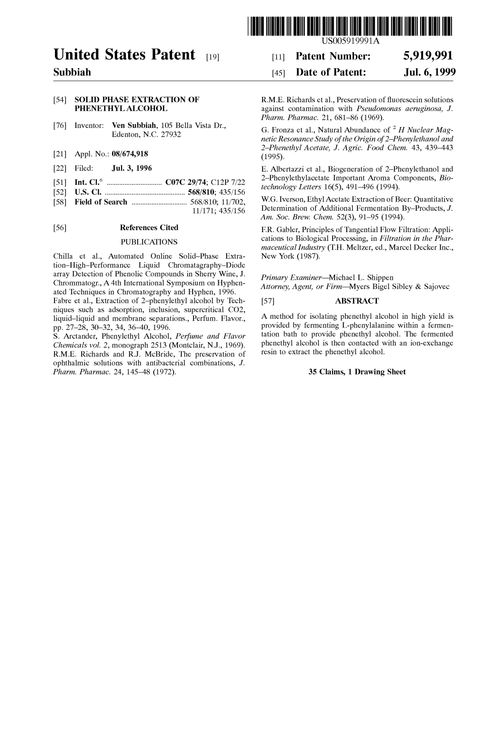 United States Patent (19) 11 Patent Number: 5,919,991 Subbiah (45) Date of Patent: Jul