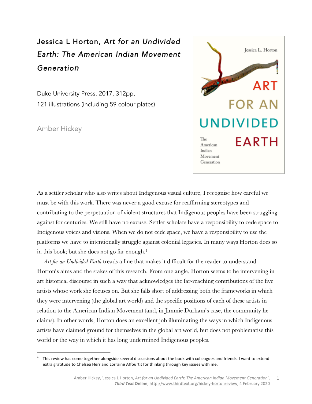 Jessica L Horton, Art for an Undivided Earth: the American Indian Movement Generation