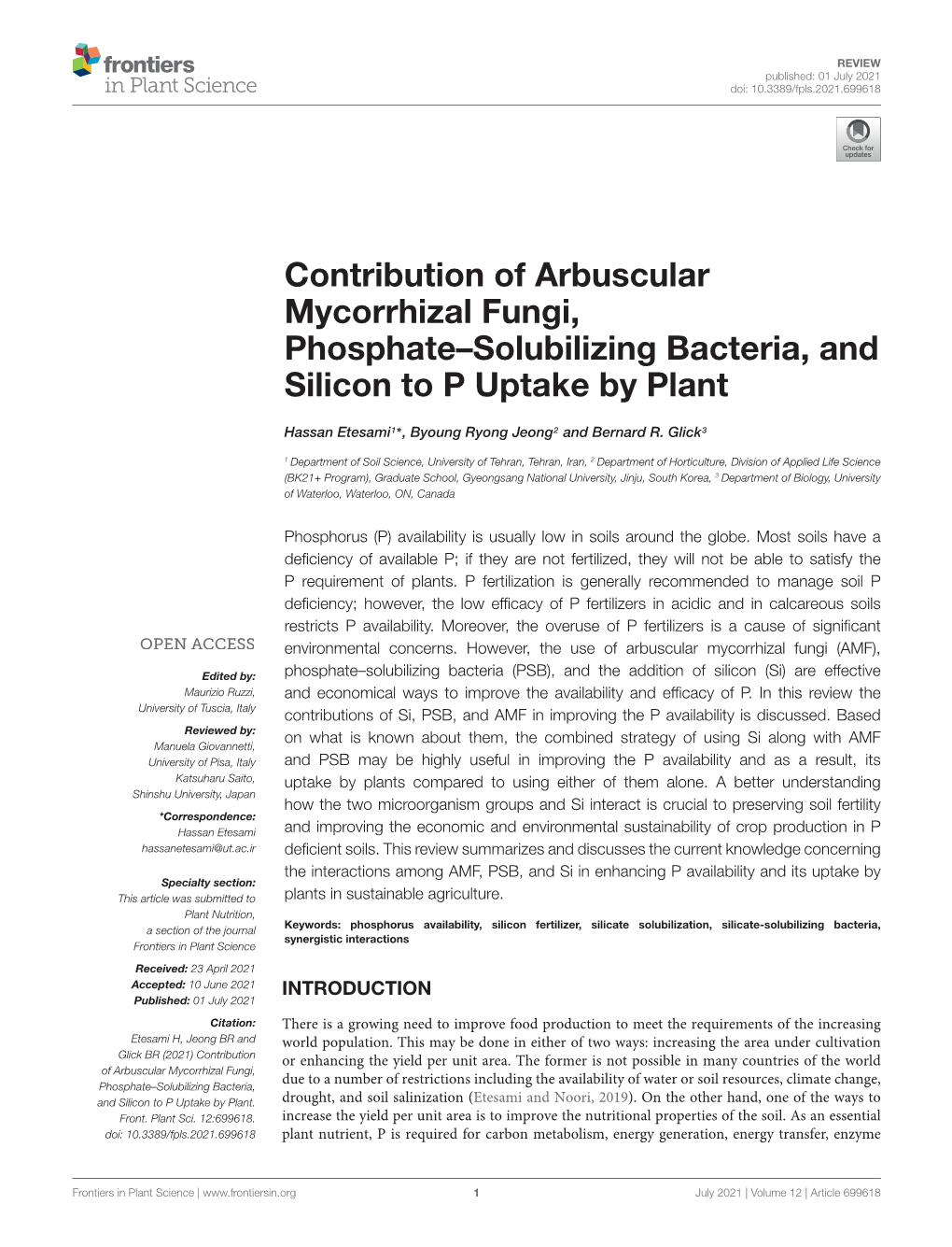 Contribution of Arbuscular Mycorrhizal Fungi, Phosphate–Solubilizing Bacteria, and Silicon to P Uptake by Plant