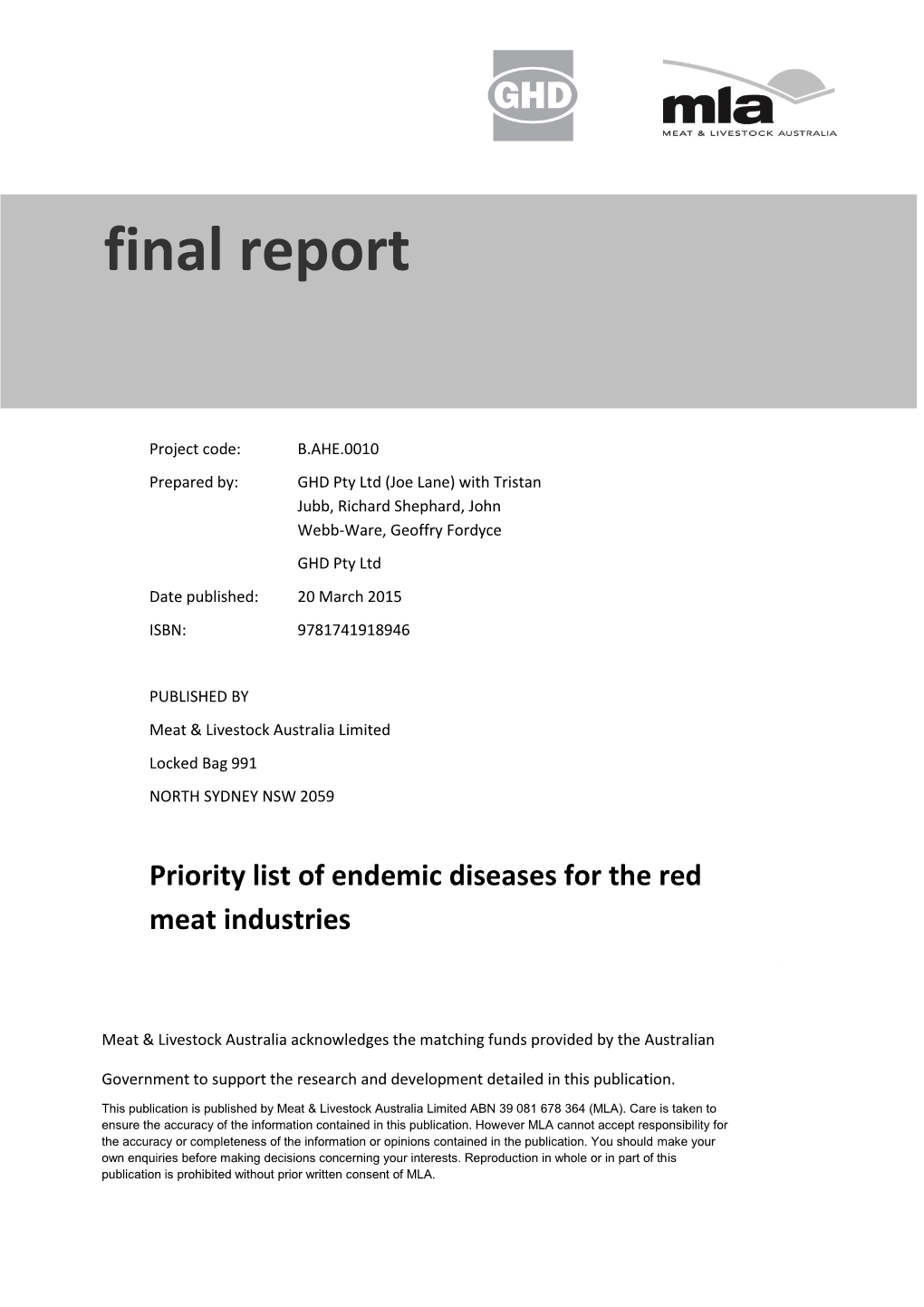 B.AHE.0010 Final Report: Priority List of Endemic Diseases for the Red Meat Industries